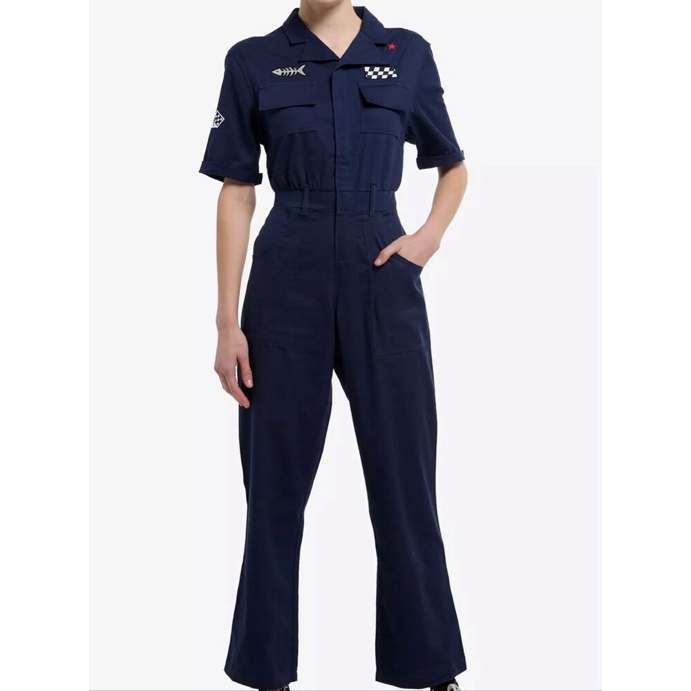Hot Topic Social Collision Patches Navy Jumpsuit Navy Blue Nwt Medium